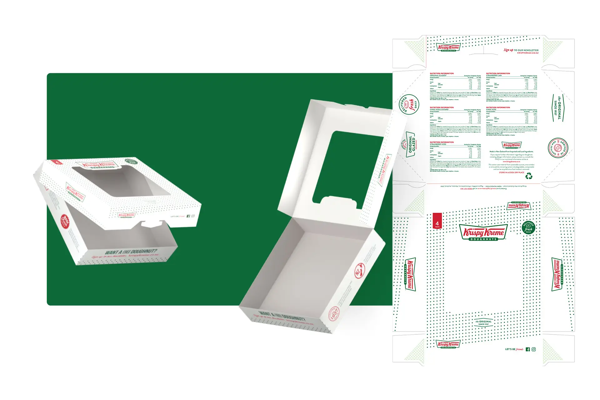 Box, Flat and Folded Alt text: Krispy Kreme 4-pack packaging shown as assembled window boxes beside the flat printed dieline, with brand marks, nutrition panels, and fold lines laid out across the carton.